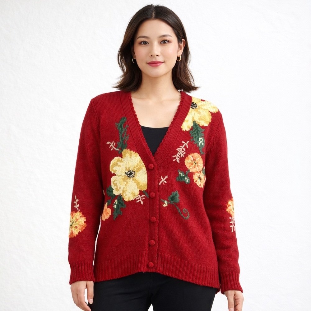 Vintage Herman Geist Red Floral Cardigan Hand Embroidered Linen Cotton Sweater